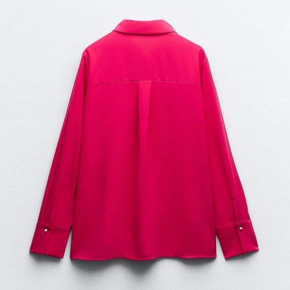 Zara Hot Pink Collared Button Up Long Sleeve Blouse with Pearl Embellishments M - Picture 2 of 14